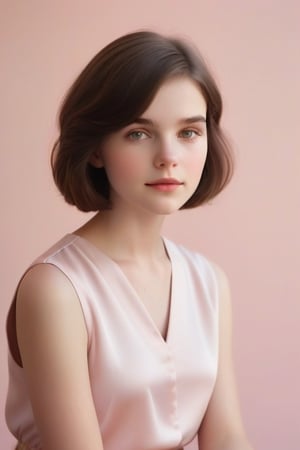 A gentle, serene portrait of a young girl with bobbed, rich brown hair, set against a soft pink monochromatic background. Her porcelain skin glows warmly in the subtle lighting, while her bright, curious eyes sparkle with quiet intelligence. She sits upright, her hands folded demurely in her lap, exuding a sense of calm contemplation.