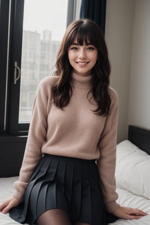 Generate hyper realistic image of a woman with long, wavy pink hair and blue eyes, wearing a pleated skirt and black pantyhose, sitting on a bed near a window. Her blush and closed-mouth smile convey a subtle sweetness, while her bangs frame her face. She wears a black sweater with long sleeves and a turtleneck, basking in the sunlight filtering through the window.