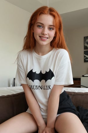 A whimsical snapshot: A provocative 25-year-old girl , ginger head, with ravishing auburn locks and freckles sits serenely, beaming at the camera with an irresistible grin. Her eyes shine like gemstones, casting a gentle glow on her porcelain skin. She wears an oversized t-shirt with batman logo and baggy sweat pants, her delicate features framed by a halo of luscious hair, suspended in time.