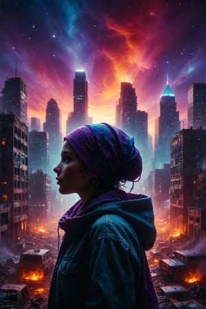 In the neon buzz of a city that never sleeps, a figure emerges, face shrouded in mystery, adorned with a headscarf of cosmic blues and purples, accented with the fiery hues of distant sunsets. They navigate the urban labyrinth, a silent whisper among the clamor, their story untold but deeply interwoven with the tapestry of the night.
