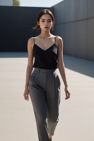 A woman walks backwards, her gaze lingering on something behind her as she moves. She wears a sleek black top that contrasts beautifully with the grey pants she's wearing. Her bright, piercing eyes are the focal point of the image, shining like beacons in the midst of a blurred background. The subtle gradient of light and shadow adds depth to the composition, drawing the viewer's attention to her enigmatic expression.