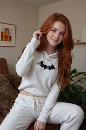 A whimsical snapshot: A provocative 25-year-old girl , ginger head, with ravishing auburn locks and freckles sits serenely, beaming at the camera with an irresistible grin. Her eyes shine like gemstones, casting a gentle glow on her porcelain skin. She wears an oversized croped with batman logo and hood, baggy sweat pants, her delicate features framed by a halo of luscious hair, suspended in time.