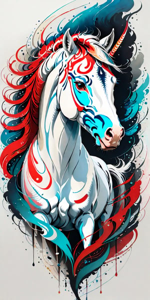 ((amazing quality, award winning, intricately detailed, extremely detailed 8K, masterpiece, painting)), ((style of Carne Griffiths)), sketch ink artwork of white horse, river background,Leonardo Style, illustration,tshirt design,oni style,vector art, black, red