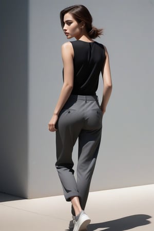 A woman walks backwards, her gaze lingering on something behind her as she moves. She wears a sleek black top that contrasts beautifully with the grey pants she's wearing. Her bright, piercing eyes are the focal point of the image, shining like beacons in the midst of a blurred background. The subtle gradient of light and shadow adds depth to the composition, drawing the viewer's attention to her enigmatic expression.