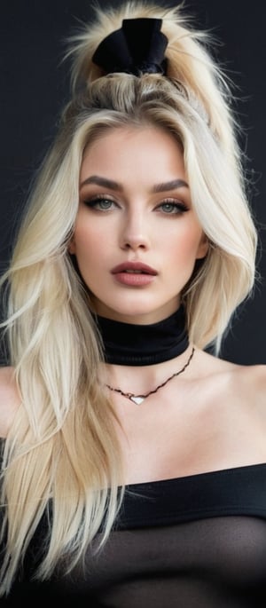 Generate hyper realistic image of a woman with long, blonde hair, standing gracefully, her gaze fixed upon the viewer. Her lips, slightly parted, exude a subtle allure as she wears a black choker and an off-shoulder hoodie, revealing her delicate collarbone. Her grey eyes, framed by natural big lips, emanate a soft warmth. Clad in oversized clothes and fishnet thigh-highs, she exudes a unique charm with a heart choker accentuating her neckline.
