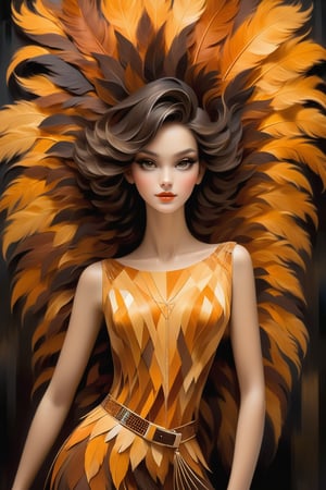 (masterpiece), Slender woman holds a fan of natural amber ostrich feathers in her hand, (she places the open fan of amber ostrich feathers on her waist, as if it were a belt. This highlights her figure and her style), The image has A geometric art style, with simple shapes and solid colors, which give it an elegant and sober look, real and detailed, highlights the color of your eyes, the image must be high impact, the background must be dark and contrast with the figure of the girl, The image must have a high detail resolution of 8k, (full body), (artistic pose of a woman),Leonardo Style,A girl dancing,Face makeup