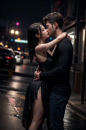 1man, slim figure entwined with 1 girl, american, perfect physique under the darkness of a black night and rainning. She wears a black wet silk dress The only light comes from a distant streetlamp, casting an eerie glow on their passionate kiss. The air is heavy with drama as they cling to each other, lost in the moment. background in an old street, wet clothes