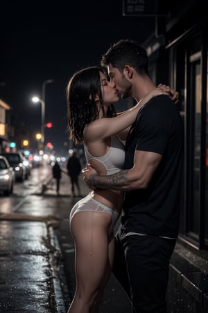 1man, slim figure entwined with 1 girl, perfect physique under the darkness of a black night and rainning. The only light comes from a distant streetlamp, casting an eerie glow on their passionate kiss. The air is heavy with drama as they cling to each other, lost in the moment. background in an old street, wet clothes