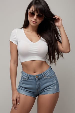 Generate hyper realistic image of a woman with green eyes, long dark hair, bangs, and parted lips, wearing a short jeans and white cropped, set against a white background. She gazes directly at the viewer, her blush-enhanced cheeks forming a soft smile. Her bangs frame her face elegantly as she strikes a pose in a cowboy shot. High leg black pantyhose accentuate her curves, while sunglasses rest at top her head.