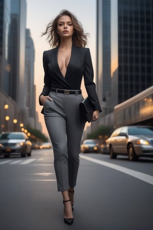 A woman walks, her gaze lingering on something behind her as she moves. She wears a sleek black top that contrasts beautifully with the grey pants she's wearing. Her bright, piercing eyes are the focal point of the image, 
photorealistic, masterpiece, best quality, raw photo, an Instagram model, full_body, seductive body.
City Chic: Skyscrapers, tailored suit, power pose, urban skyline, briefcase, confident stride, street fashion, city lights, assertive stance, professional,
The subtle gradient of light and shadow adds depth to the composition, drawing the viewer's attention to her enigmatic expression.