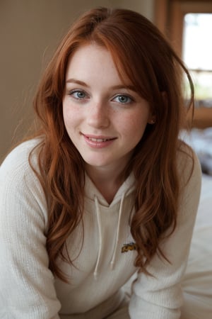 A whimsical snapshot: A provocative 25-year-old girl , ginger head, with ravishing auburn locks and freckles sits serenely, beaming at the camera with an irresistible grin. Her eyes shine like gemstones, casting a gentle glow on her porcelain skin. She wears an oversized croped with batman logo and hood, baggy sweat pants, her delicate features framed by a halo of luscious hair, suspended in time.