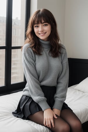 Generate hyper realistic image of a woman with long, wavy pink hair and blue eyes, wearing a pleated skirt and black pantyhose, sitting on a bed near a window. Her blush and closed-mouth smile convey a subtle sweetness, while her bangs frame her face. She wears a black sweater with long sleeves and a turtleneck, basking in the sunlight filtering through the window.