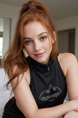 A whimsical snapshot: A provocative 25-year-old girl , ginger head with ponytail, with ravishing auburn locks and freckles sits serenely, beaming at the camera with an irresistible grin. Her eyes shine like gemstones, casting a gentle glow on her porcelain skin. She wears an oversized black croped with batman logo and hood, baggy sweat pants, her delicate features framed by a halo of luscious hair, suspended in time.