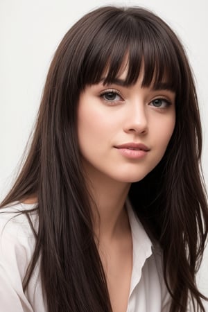 Generate hyper realistic image of a woman with green eyes, long dark hair, bangs, and parted lips, wearing a short jeans and white cropped, bare legs, set against a white background. Studio shots, She gazes directly at the viewer, her blush-enhanced cheeks forming a soft smile. Her bangs frame her face elegantly as she strikes a pose in a Full body shot. 