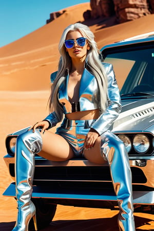 Sexy female character (((wearing sunglasses and long silver hair))) while sitting in the desert, in the style of cyberpunk imagery, realistic hyper-detailed portraits, bodywear, metallic accents, legs, boots, outrun, hyper-realistic pop 