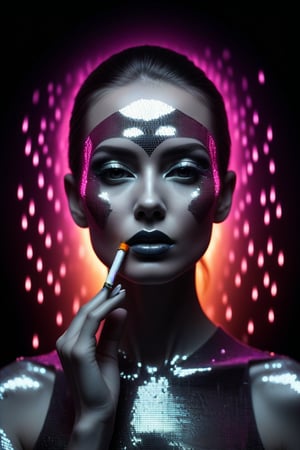 skinny woman's face (((with cigarette in her mouth))) in a minimalist style portrait. she stands in a vibrant setting surrounded by black/gray/silver foil and math/op art, basking in a deep neon ambience. sequins, glitters, and crystal dust, creating a captivating glowing effect,<lora:659095807385103906:1.0>