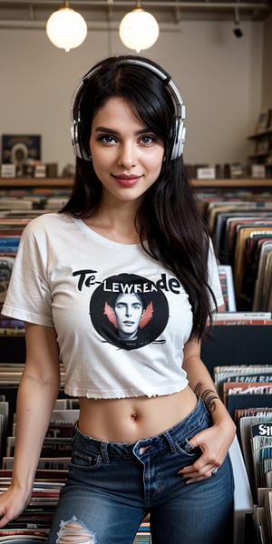 Close-up shot of Reislin-inspired woman, surrounded by vinyl records in a nostalgic record store setting. Soft, warm lighting casts a flattering glow on her porcelain skin, almost translucent. Her messy black hair frames her sultry gaze, as she indulges in her favorite tunes with headphones wrapped around her ears. She's dressed casually yet stylishly in faded jeans and a vintage rock band t-shirt. The subtle smile playing on her lips seems to convey intimate secrets, inviting the viewer to lean in closer.