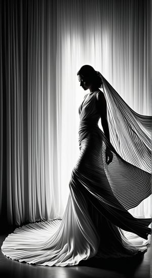 Split Lighting style,A modern artistic photograph of a woman, enveloped by an array of sweeping, flowing fabrics. This image captures the essence of contemporary art photography with a strong emphasis on light, shadow, and high contrast. adds a sense of mystery and anonymity, while the dynamic arrangement of the fabrics creates a sense of movement and fluidity. The photograph uses a monochrome color scheme to focus on the dramatic interplay of light and dark, highlighting the delicate textures and patterns of the fabrics against the woman's obscured face.