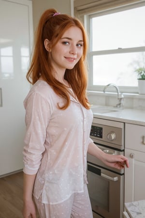 A whimsical snapshot: modern kitchen,  A provocative 35-year-old girl , ginger head with ponytail, with ravishing auburn locks and freckles sits serenely, beaming at the camera with an irresistible grin. Her eyes shine like gemstones, casting a gentle glow on her porcelain skin. She wears an oversized pijamas , no pants, standing, her delicate features framed by a halo of luscious hair, suspended in time.