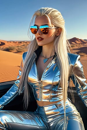 Sexy female character (((wearing sunglasses and long silver hair))) while sitting in the desert, in the style of cyberpunk imagery, realistic hyper-detailed portraits, womancore, metallic accents, outrun, hyper-realistic pop 