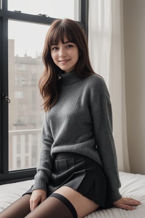 Generate hyper realistic image of a woman with long, wavy pink hair and blue eyes, wearing a pleated skirt and black pantyhose, sitting on a bed near a window. Her blush and closed-mouth smile convey a subtle sweetness, while her bangs frame her face. She wears a black sweater with long sleeves and a turtleneck, basking in the sunlight filtering through the window.