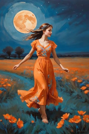 a painting of a girl walking in a field under a full moon, in the style of graceful movement, orange and azure, phoenician art, flower power, realistic yet romantic, pictorial fabrics, dance
