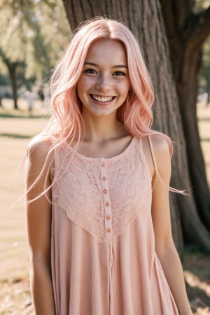 1girl, long_hair,pink_hair, shy, freckles, pale_skin, smile, cheerful_expression, girly_clothing, full_body, backed_tree, focus_on_body_girl,