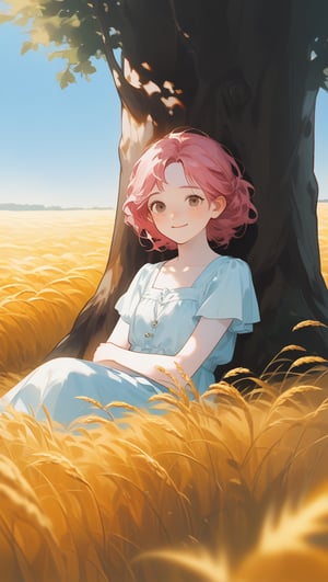 An 18-year-old girl with long pink hair, she looks a little shy, has light freckles on her face, pale to white skin, a smile and a cheerful facial expression, 
she wears light clothing,
the woman is fully visible in the image, resting against a tree which is centered in the image, the right and left sides of the image give a view of a large, sunny wheat field, but the woman takes up most of the space in the image, the whole of her body can be seen.