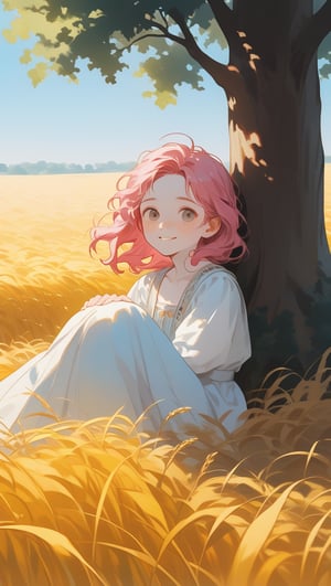 An 18-year-old girl with long pink hair, she looks a little shy, has light freckles on her face, pale to white skin, a smile and a cheerful facial expression, 
she wears light clothing,
the woman is fully visible in the image, resting against a tree which is centered in the image, the right and left sides of the image give a view of a large, sunny wheat field, but the woman takes up most of the space in the image, the whole of her body can be seen.