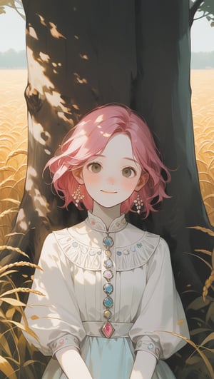 An 18-year-old girl with long pink hair, she looks a little shy, has light freckles on her face, pale to white skin, a smile and a cheerful facial expression, 
she wears light clothing,
the woman is fully visible in the image, resting against a tree which is centered in the image, the right and left sides of the image give a view of a large, sunny wheat field, but the woman takes up most of the space in the image, the whole of her body can be seen.