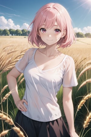 style : whole body visible in the photo, 1girl : young adult, light_pink_hair , freckless, pale_skin, cheerfull_expression, light girly clothing. BREAK. sunny wheat field,Anime