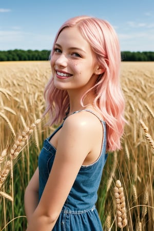 style : whole body visible in the photo, 1girl : young adult, light_pink_hair , freckless, pale_skin, cheerfull_expression, light girly clothing. BREAK. sunny wheat field,SD 1.5