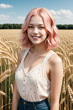 style : whole body visible in the photo, 1girl : young adult, light_pink_hair , freckless, pale_skin, cheerfull_expression, light girly clothing. BREAK. sunny wheat field,REALISTIC
