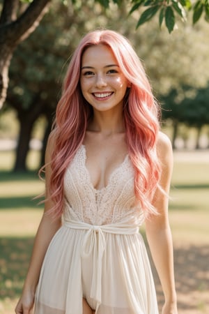 1girl, long_hair,pink_hair, shy, freckles, pale_skin, smile, cheerful_expression, girly_sexy_clothing, full_body, backed_tree, focus_on_body_girl,