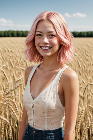 style : whole body visible in the photo, 1girl : young adult, light_pink_hair , freckless, pale_skin, cheerfull_expression, light girly clothing. BREAK. sunny wheat field,photorealistic
