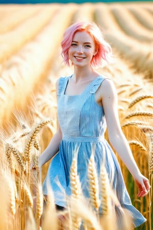 style : whole body visible in the photo, 1girl : young adult, light_pink_hair , freckless, pale_skin, cheerfull_expression, light girly clothing. BREAK. sunny wheat field