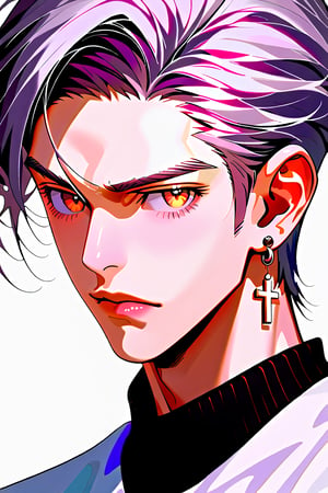 1boy, manly, 20 years old, gray hair, slick back hair, sharp eyes, amber eyes, toned_male, muscular_body, tall, cross design ear piercing, tan_body, well-defined jawline, temperamental, despondent personality,serious expression, mafia, black turtleneck shirt, head_portrait, head to shoulder photography, portrait shot, close-up shot, photorealistic, beautiful, portrait, headshot, masterpiece, highest-quality, intricate details ,aesthetic portrait,better photography,