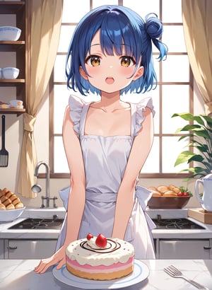 score_9, score_8_up, score_7_up,1girl, myo_chan, tiny, flat chest, one side bun, short cut, ((blue hair))), dark gold eyes, open_mouth, blush, beautiful_female_fingers, MYO_CHAN,
looking at viewer, blush, open mouth, 
Pastry chef, whole cake, kitchen, heart, music_notes, star_(symbol)