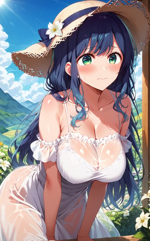 (cute girl:1.2) , shiny skin, rating_safe,expressive eyes, perfect face, illustration,score_9, score_8_up, score_7_up, source_anime, akanekurokawa, akane kurokawa, bangs, green eyes, blue hair, long hair, dark blue hair, big breasts, embarrassed,blush,

white sun Hat, white See-through summer dress,
extreme clear image, lyrical Scene, scenic view, light particles, sunshine, flower, mountain, leaning forward,

,beautiful_female_fingers,