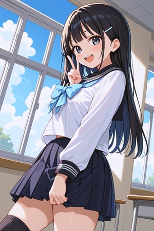 score_9, score_8_up, score_7_up, source_anime, rating_safe, 
BREAK  akebi komichi, 1girl, tareme, black eyes, black hair, long hair, blunt bangs, school uniform, serafuku, white shirt, black sailor collar, blue bowtie, long sleeves, black skirt, pleated skirt, black socks,

dutch angle, standing, blush, smile, open mouth, happy, v, classroom, window, blue sky, cloud, dash, side view, flom side,beautiful_female_fingers