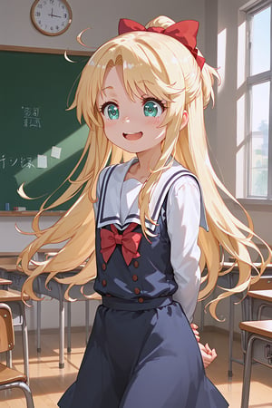 masterpiece, best quality, ultra-detailed, perfect anatomy, High detailed, detailed background, beautiful face, 

a girl, 10-years-old, infant body shape, flat chest, No public hair, extremely pretty face, beautiful face, ultra-detaild face, cute face, ultra-detailed eyes, round eyes, big eyes, droopy eyes, beautiful eyebrow, (eyelashes:0.4), Bishojo, beautiful nose, open_mouth, happy expression, embarrassed smile, blush, datch angle, cowboy shot,

ctianhimesaka, sailor dress, neck bow, white shirt, sailor collar, long sleeves, solo,
classroom, desk, chair, blackboad, spinning, arms behind back,

,beautiful_female_fingers, parfect hands, beautiful hands, detailed hands,

, score_9, score_8_up, score_7_up,Expressiveh, concept art, dark theme,