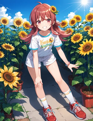 score_9, score_8_up, score_7_up,
,//characters, 1girl, solo, komiya kaho, kaho_pony, shiny skin,
shirt, shoes, short socks, white socks, red footwear, sneakers, white shorts, 
,//situations, Sunflowers, flowers, summer, sunlight, vibrant colors
,//pose, 
Sunflowers, flowers, summer, sunlight, vibrant colors, tilt head, soft smile, rannninng, from behind, close up, face focus
,/LoRA, beautiful_female_fingers, (4_fingers and 1thumb on hand), (correct number of fingers), (perfect hands), perfect anatomy,