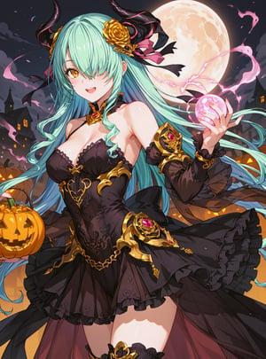 score_9, score_8_up, score_7_up, source_anime, (perfect anatomy:1.4), 
,//characters, 1girl, solo, majin_hornet, dress, armor, hair over one eye, 
,see-through frilled leotard,  lace long globe, black long boots, 
,//situations, Halloween Party
,//pose,
1 girl, blush, smile, open mouth, arm up, 
,/LoRA, beautiful_female_fingers, (correct number of fingers), 5_finger, perfect hands, (beautiful hands), perfect anatomy,