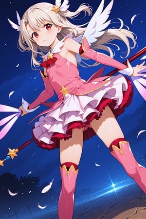 masterpiece, best quality, ultra-detailed, perfect anatomy, High detailed, detailed background, beautiful face,  Uncensored,

1girl, tiny body, flat chest, white hair, red eyes, big eyes, long hair, twin tails, super_kawaii, bisyojo, hair ornament, feathers, pink dress, elbow gloves, magical girl, pink thigh Boots,standing, holding magical stick, looking at viewer, 

night, fighting, dutch angle , cowboy shot, from front,

,beautiful_female_fingers,perfect hands,detailed hands,beautiful hands
, score_9, score_8_up, score_7_up, score_6_up, score_5_up, score_4_up, BREAK source_anime, masterpiece