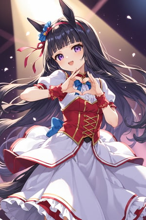 score_9, score_8_up, score_7_up, BREAK,1girl,loli, daidouji tomoyo, black hair, long hair, blunt bangs, hairband, long hair, purple eyes,horse_ears, horse tail,

umamusume_style, umapyoi_densetsu, dancing, stage, heart_hands

,beautiful_female_fingers