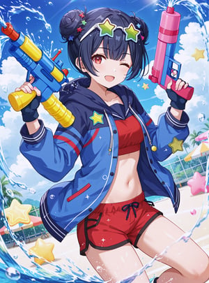 ,//characters, 
1girl, solo, morino rinze, morinorinze04, short hair, bangs, double bun, black hair, hairt ornament, eyewear on head, star \(symbol\), red eyes, blue hooded jacket, long sleeves, open clothes, bikini, navel, midriff, red fingerless gloves, shorts, open mouth, holding water gun, outdoors, one eye closed, water, splashing,
,//situations, 

,//pose, 

,/LoRA, perfect anatomy, beautiful_female_fingers,(4_fingers and 1thumb on hand), (perfect hands, correct number of fingers:1.4, Anatomically correct hands), perfecteyes