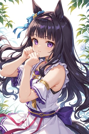 score_9, score_8_up, score_7_up, BREAK,1girl,loli, daidouji tomoyo, black hair, long hair, blunt bangs, hairband, long hair, purple eyes,horse_ears, horse tail,

cute pose, umamusume_style, umapyoi_densetsu, dancing,

,beautiful_female_fingers