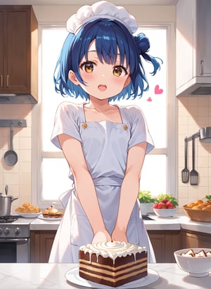 score_9, score_8_up, score_7_up,1girl, myo_chan, tiny, flat chest, one side bun, short cut, ((blue hair))), dark gold eyes, open_mouth, blush, beautiful_female_fingers, MYO_CHAN,
looking at viewer, blush, open mouth, 
Pastry chef, whole cake, kitchen, heart, music_notes, star_(symbol)