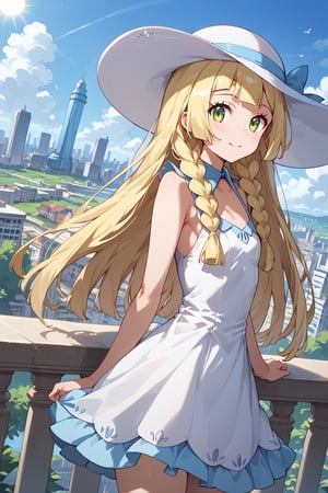 (score 9, score 8 up, score_7_up, source anime,
pokemonlilie, tiny body, small chest, blonde hair, blunt bangs, green eyes, long hair,braid, collared dress, dress, hat, sleeveless, sleeveless dress, sun hat, sundress, twin braids, white dress, white headwear,outdoors, cityscape,looking at viewer, cowboy shot, dutch angle,
