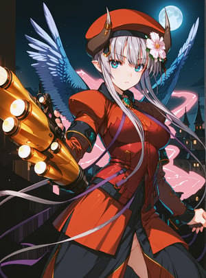 score_9, score_8_up, score_7_up, source_anime, (perfect anatomy:1.4), 
,//characters, 
1girl, solo, la_hawzel, hair ornament, hat, flower, wings, hair flower, weapon, gun, beret
,//situations,
dark, moon,
,//pose,
looking at viewer, view front, stylish pose, holding weapon
,/LoRA, beautiful_female_fingers, (4_fingers and 1thumb on hand), (correct number of fingers), (beautiful hands), perfect anatomy,